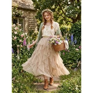 WD-NY Women Beige Polka Dot Tulle Tiered Ruffle Maxi Skirt Large NWT